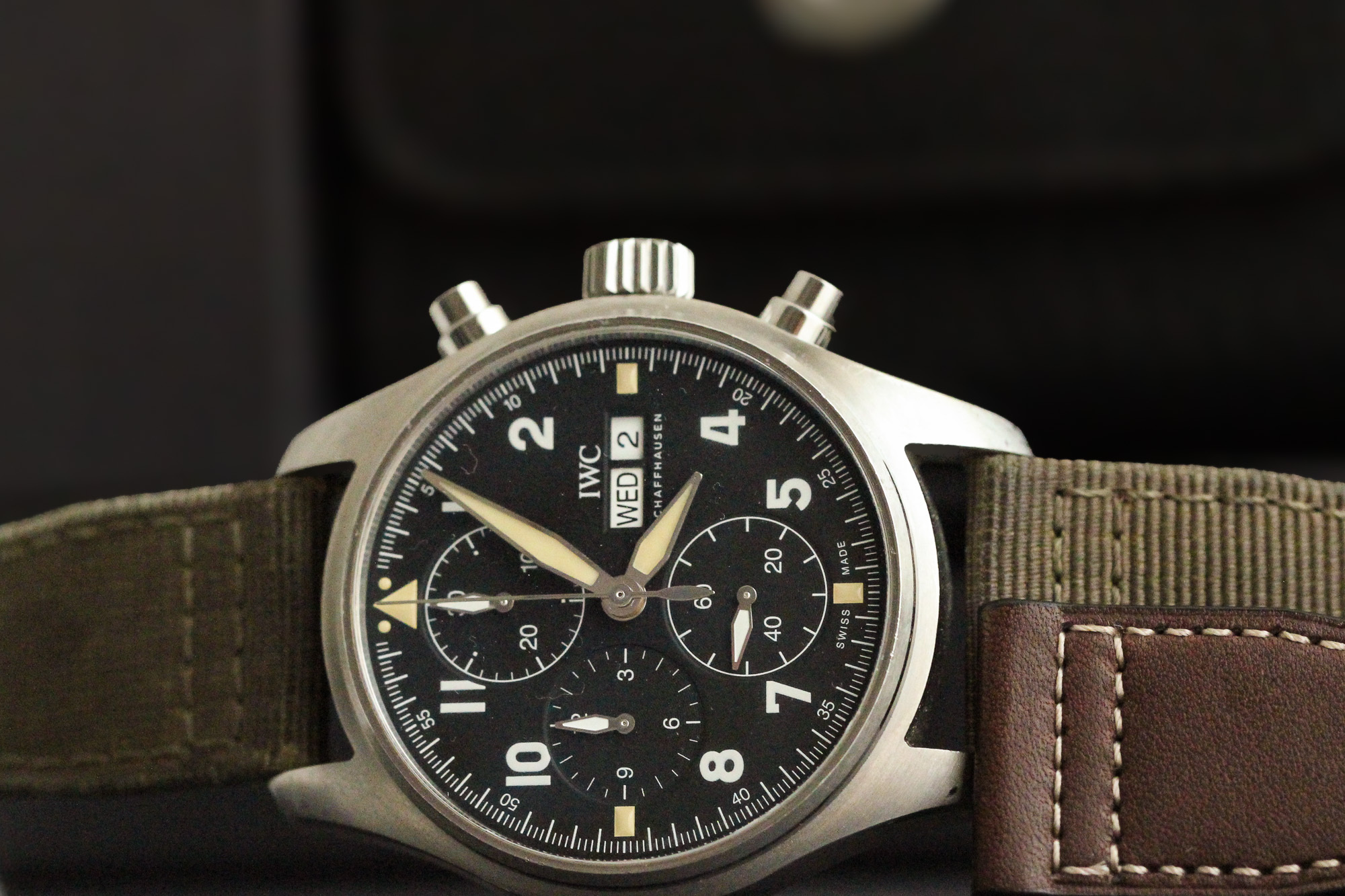 IWC Pilot's Watch Chronograph Spitfire IW387901 with green textile strap, presentation packaging and additional brown leather strap