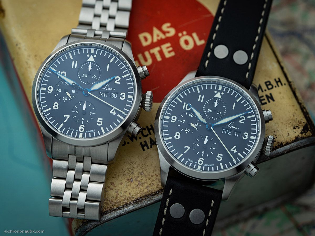 Laco pilot chronograph black dial close up with strap and bracelet