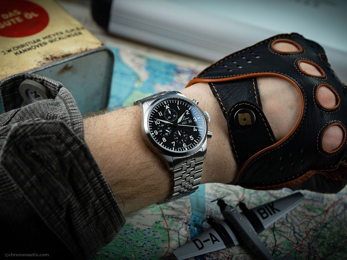 Laco pilot chronograph on wrist with steel bracelet