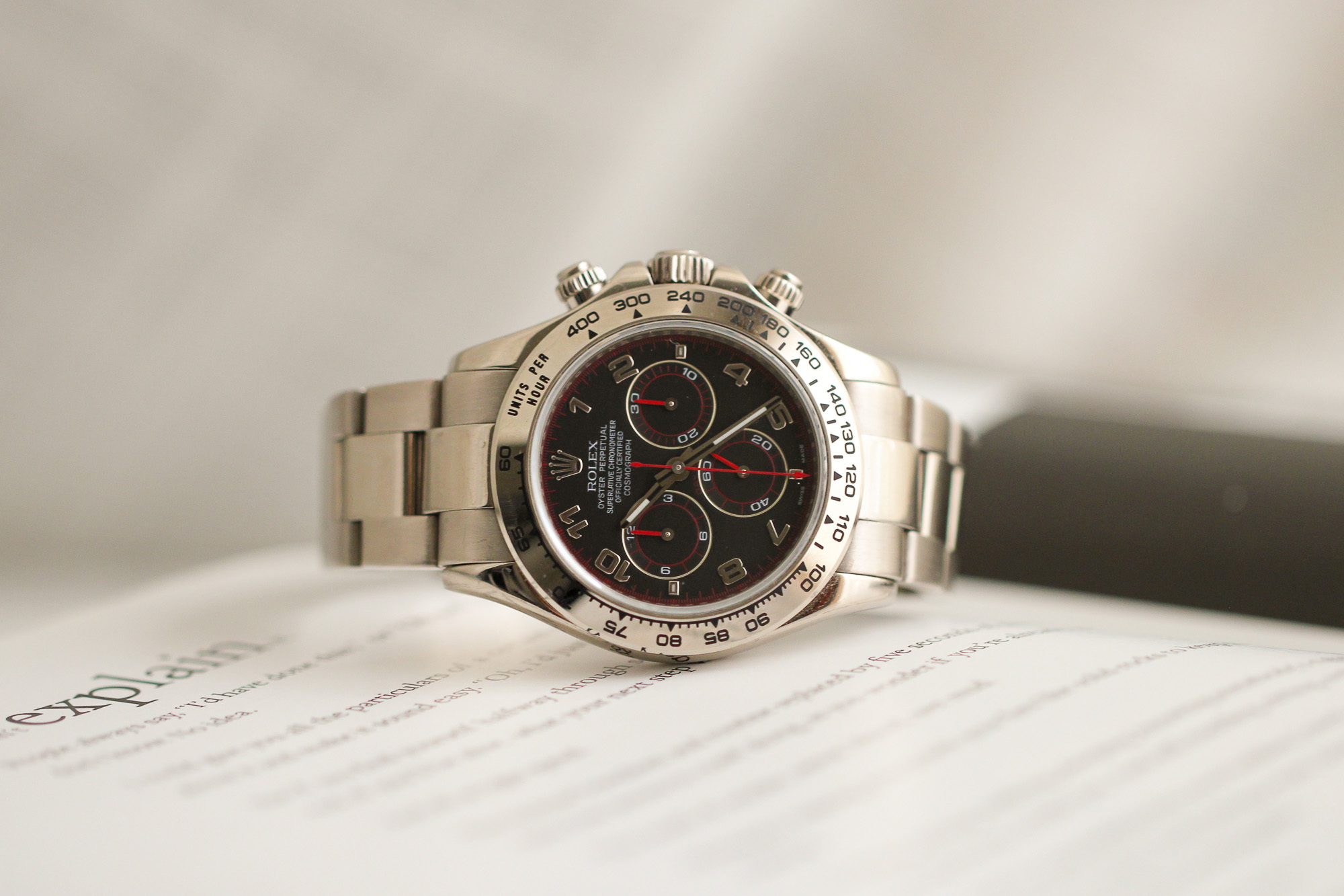 Rolex Cosmograph Daytona 116509 in white gold with Arabic numerals and red dial accents, photographed by Legend of Time
